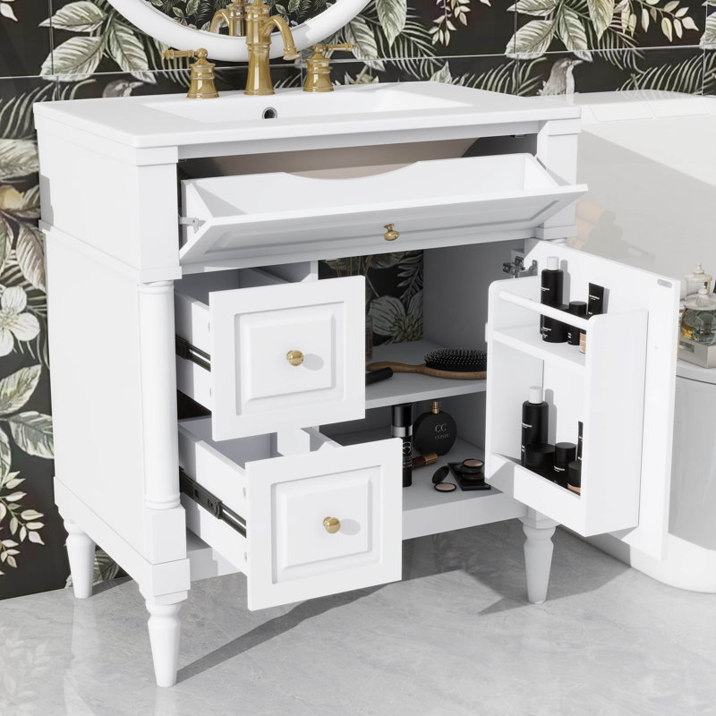 Meuble-lavabo autoportant avec tiroir rabattable et tablette réglable 30 po, Blanc, Doré