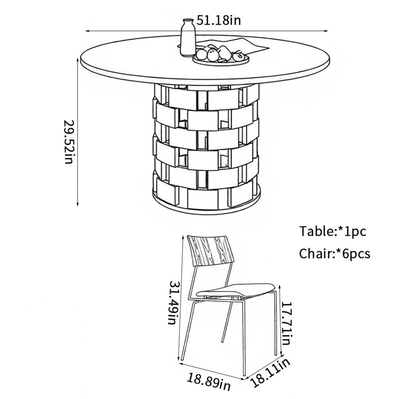 Ensembles de table à manger rétro et créative, H 29,52 po x L 51,18 po x l 51,18 po, 7 pièces : table, 6 chaises