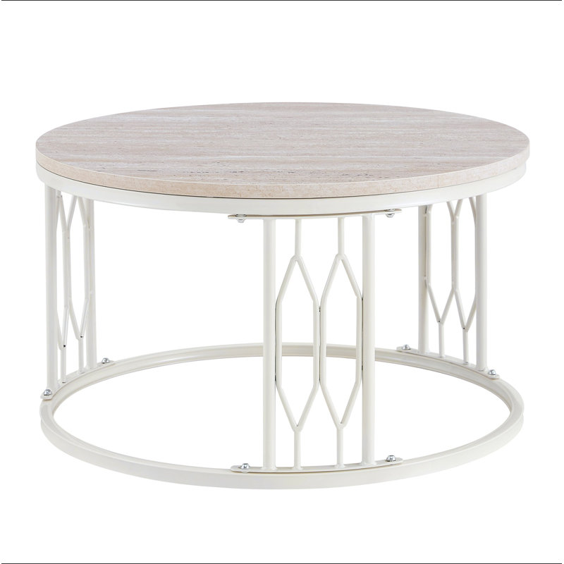 Table basse ronde en panneau de fibres à densité moyenne avec texture effet pierre, diamètre de 27,5 pouces. Table basse ronde pour le salon. Table basse ronde de style Wabi-sabi avec des pieds en métal robustes et un assemblage facile.