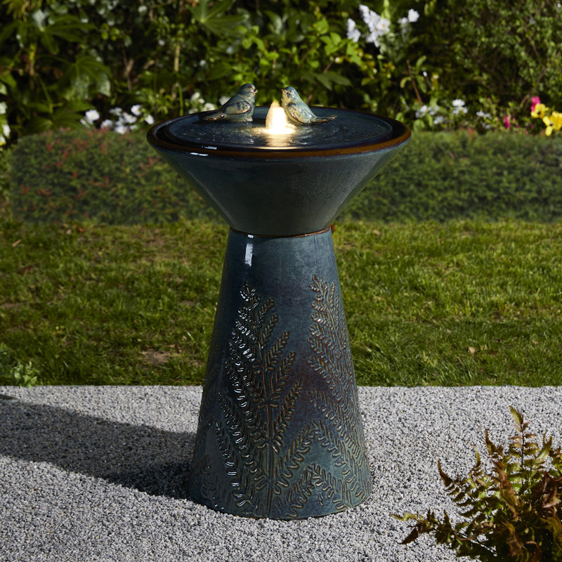 Two Birds Embossed Plant Pattern Pedestal Ceramic Fountain With Light, Turquoise