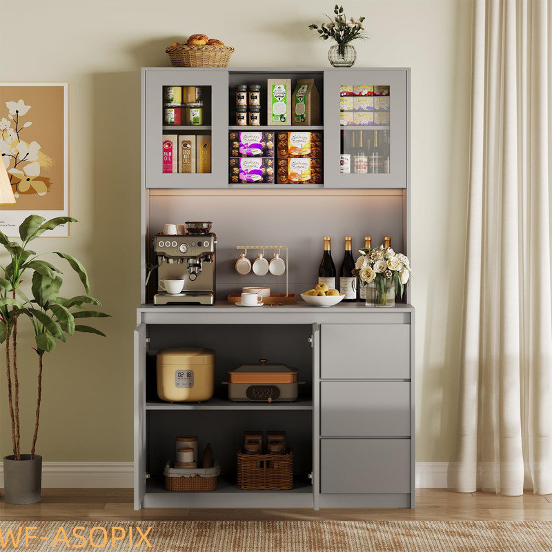 71" Tall Kitchen Pantry Cabinet with Adjustable Shelves, Microwave Space & Charging Station, Gray