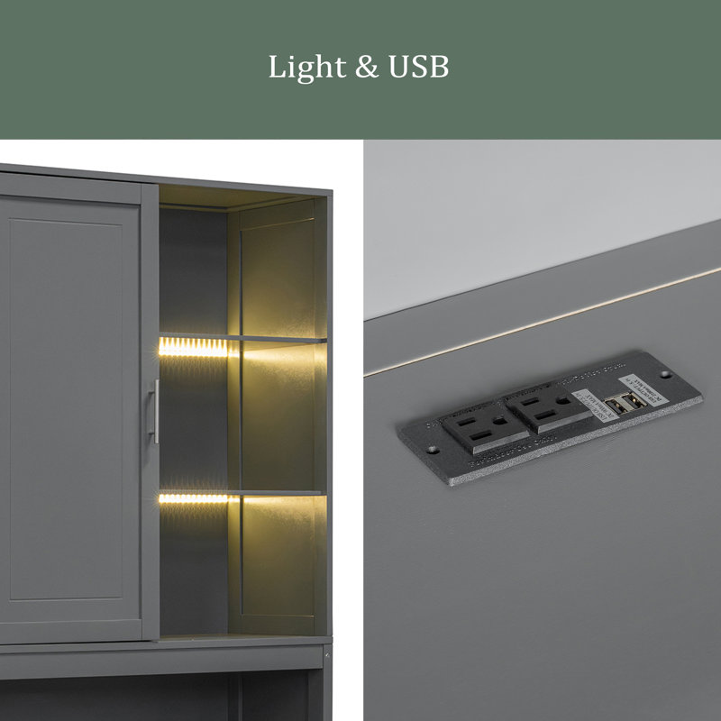 Lit escamotable mural simple avec armoire supérieure, tablettes, lit pliable peu encombrant avec lumière et USB, Gris