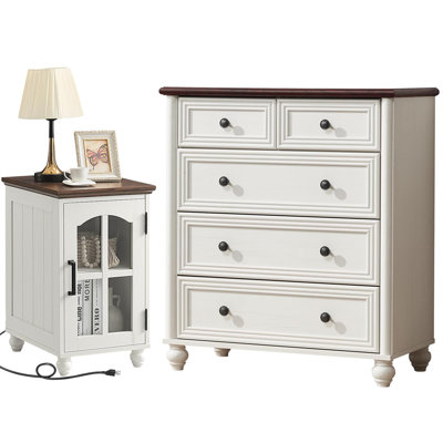 5 Drawer Dresser and Nightstand Set, Farmhouse Wood Bedroom Furniture with Charging Station and Roman Column Design for Bedroom, Living Room, and Hallway