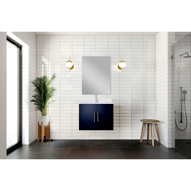 Meuble-lavabo simple 24 po X P 22 po P, comptoir en quartz et Miroir, Marine, Blanc