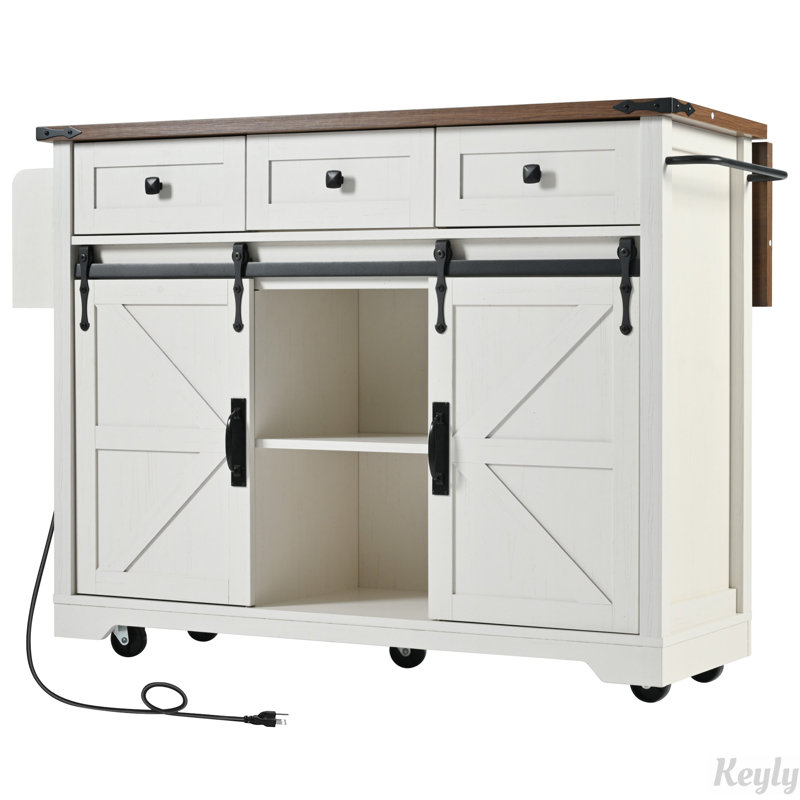 53.7" Farmhouse Kitchen Island with Power Outlet, 2 Sliding Barn Door Kitchen Storage Island with Drop Leaf, Spice Rack Rolling Kitchen Cart on Wheels, for Home, Kitchen and Dining Room