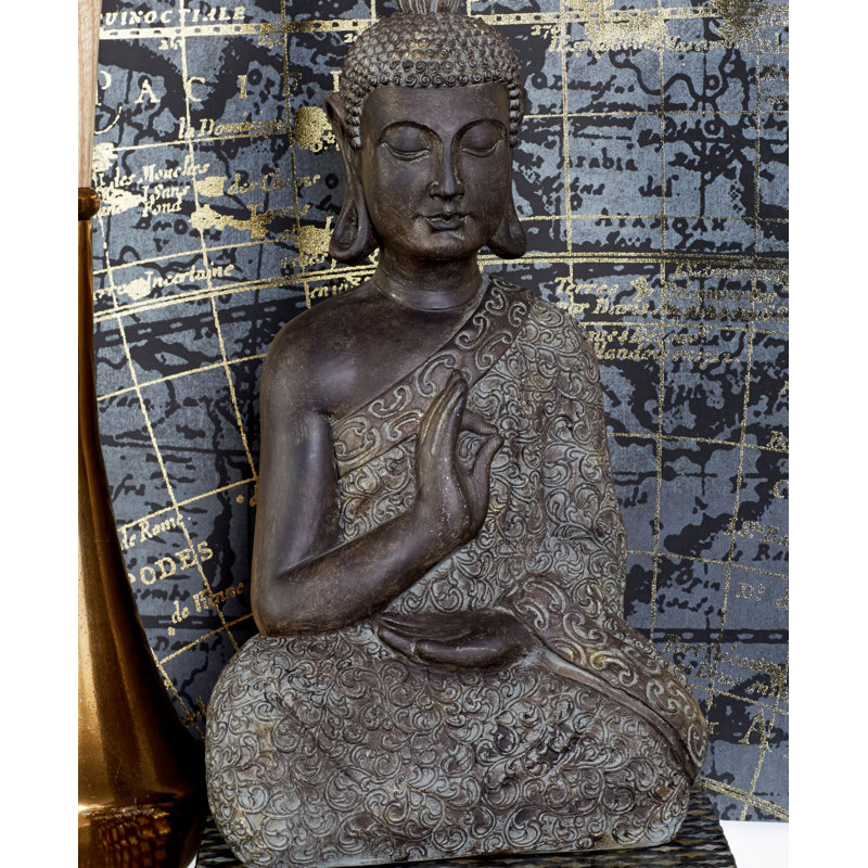 Aghnadarragh Polystone Meditating Buddha Brown Decorative Sculpture with Engraved Carvings and Relief Detailing