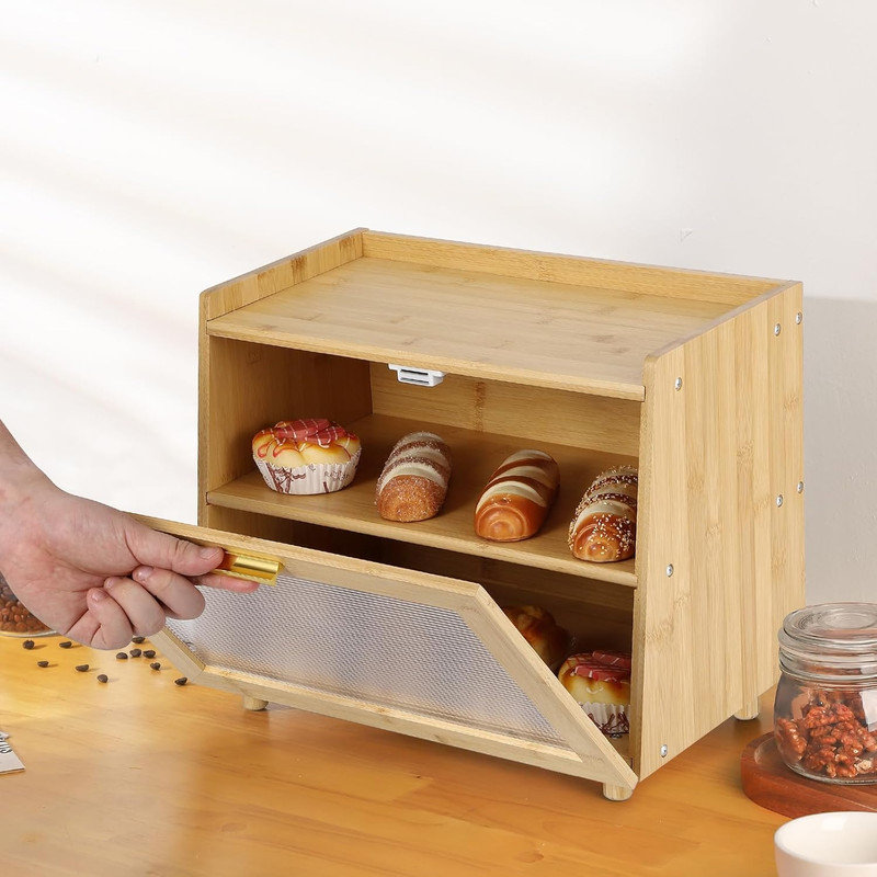 Bamboo Bread Box for Kitchen Counter, Double Layer Large Capacity Bread Storage Container