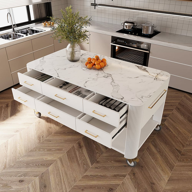 Modern 60" Wood Kitchen Island With Wheels & Cabinets