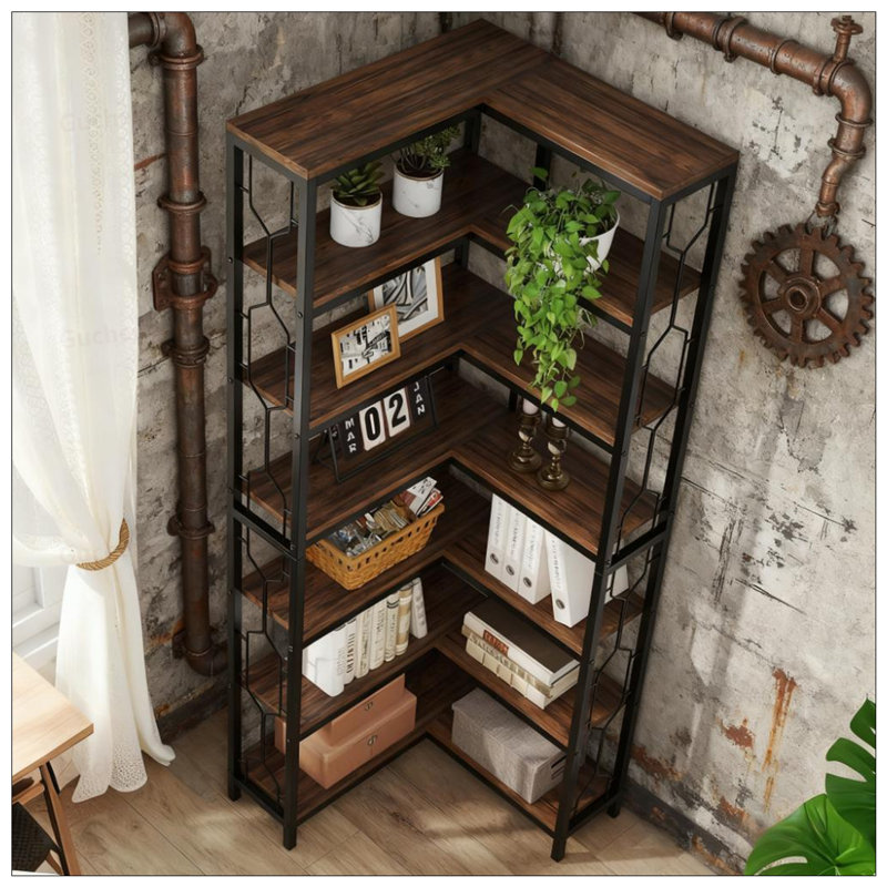 7-Tier Industrial Corner Bookshelf With L-Shaped Design For Maximum Space Efficiency And Storage