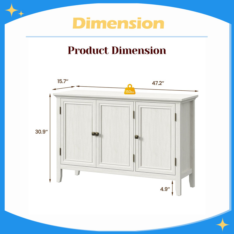 3-Door Buffet Cabinet with Storage, Bohemian Sideboard with Adjustable Shelves, Wood Credenza Cabinet, Console Table for Bedroom