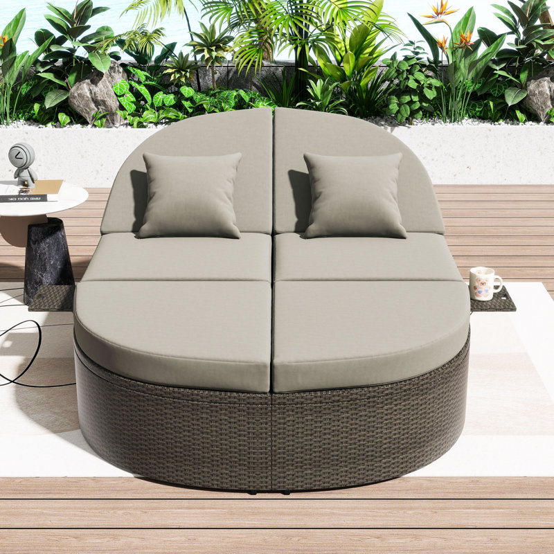2-Person Rattan Chaise Lounge with Adjustable Backrests and Cushions for Patio or Poolside, Brown, Gray