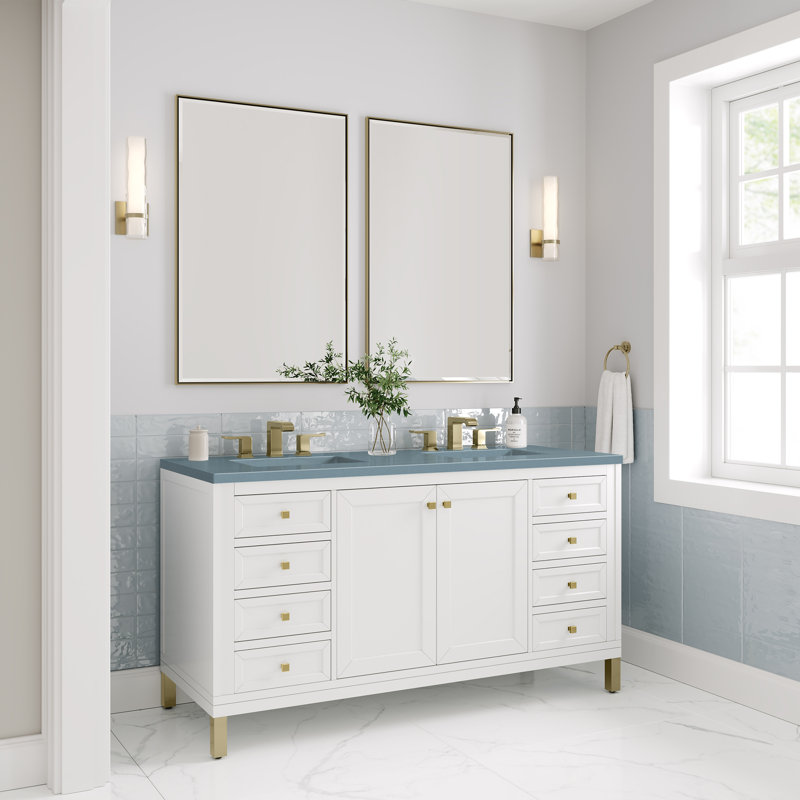 Chicago 60'' W Double Vanity, Glossy White, Charcoal Soapstone, 8" Widespread