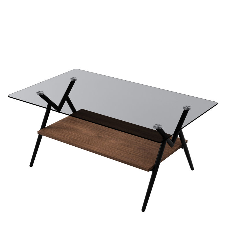 Table basse contemporaine avec plateau en verre trempé élégant et plateau rectangulaire transparent brun, salon
