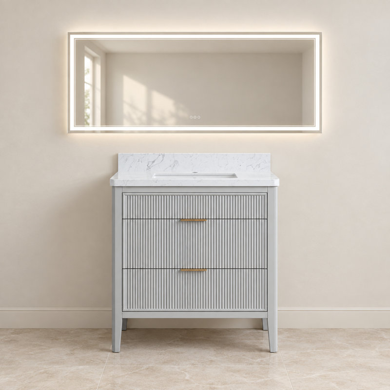 Meuble-lavabo sur pied gris de 76 cm (30 po) avec lavabo intégré et miroir de courtoisie à DEL de 81 cm x 183 cm (32 po x 72 po).