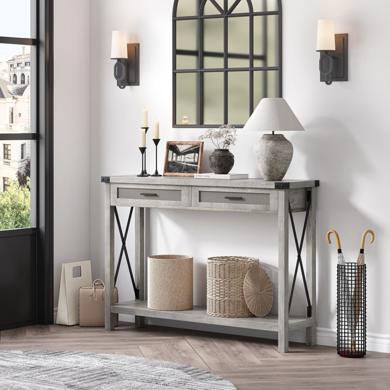 Farmhouse Entryway Table With Rattan Drawers, Console Table For Entryway, 43" Wood Sofa Table With Storage Living Room, Hallway