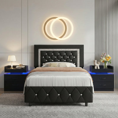 3-Piece Bedroom Sets,With Faux Leather Diamond Tufted Platform Bed  And LED Nightstand