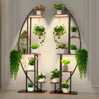 Plant Stand Indoor with Grow Lights, 63 in Tall 6-Tiered Lighted Plant Shelf, 2 Pack Metal Corner Plants Holder, 3 Timer & 10 Brightness, Half-Moon Shaped Flower Display Rack for Living Room