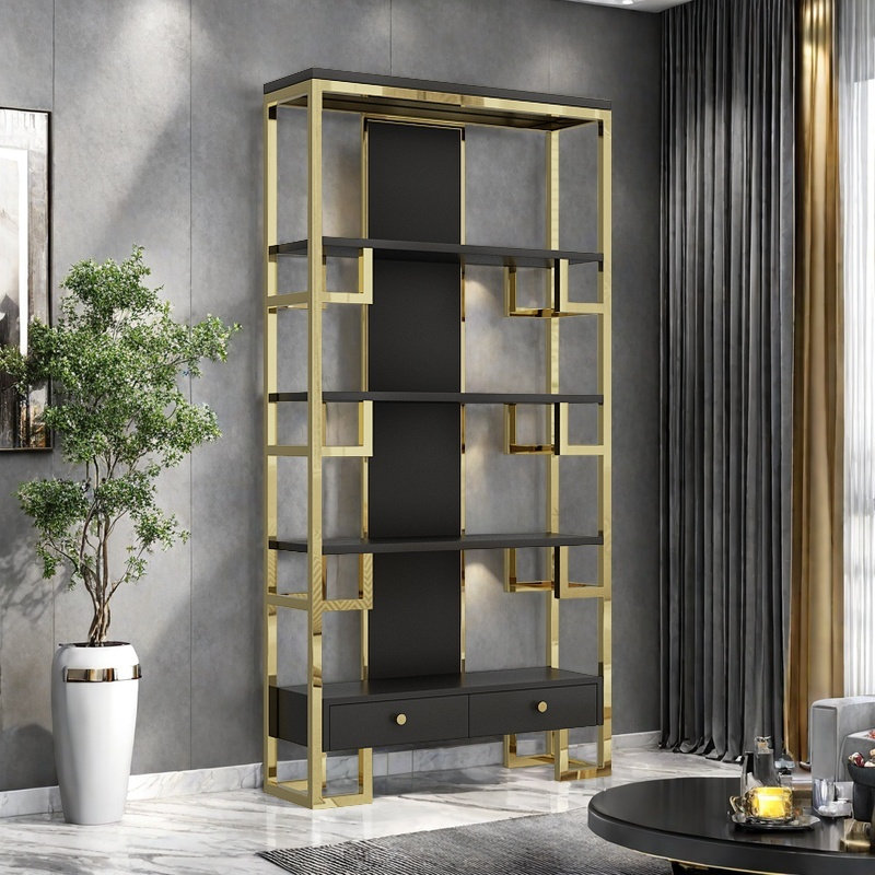 A light luxury and elegant bookcase, (4 Shelves) 78.7"H x 47.2"W x 11.8"D, Black/Gold