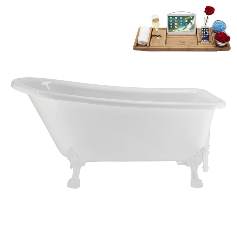 58" Streamlin Clawfoot Tub,Tray,Drain, Clawfeet, Glossy White, Glossy White