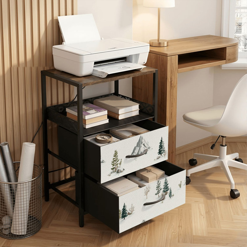 Table de chevet 2 tiroirs avec station de charge, table de chevet pour chambre à coucher avec ports USB, tablette ouverte noire, table de chevet avec impression sans soudure d'aquarelle