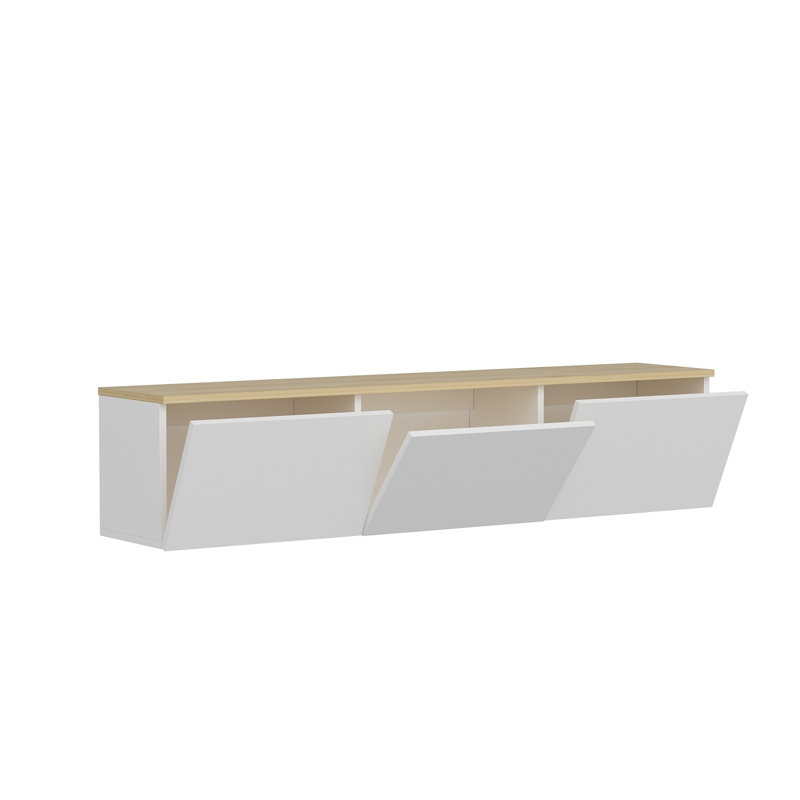 Meuble télé moderne avec option de fixation murale, finition blanche et chêne, 63,0 x 13,8 x 27,6 pouces | 100% panneau de particules enduit de mélamine, épaisseur de 0,71 pouce | Plusieurs tablettes pour le rangement organisé, conception scandinave