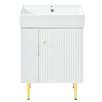 Meuble-lavabo blanc de 21,6 po avec rangement spacieux et porte à fermeture douce, meuble-lavabo à installation simple, blanc, quincaillerie dorée, rangement riche, porte