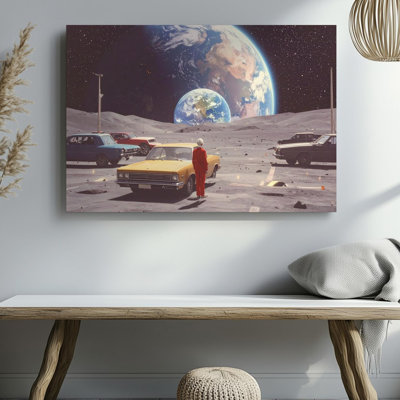 Moonlot Dreams Canvassurreal, scène de voiture rétro avec toile murale prête à accrocher, décoration moderne