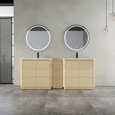 Meuble-lavabo autoportant de 84 po avec lavabo en céramique blanche et 1 petite armoire de rangement à fermeture en douceur, chêne blanc américain, contreplaqué (emballage KD) - 36 po x 2 + 12 po