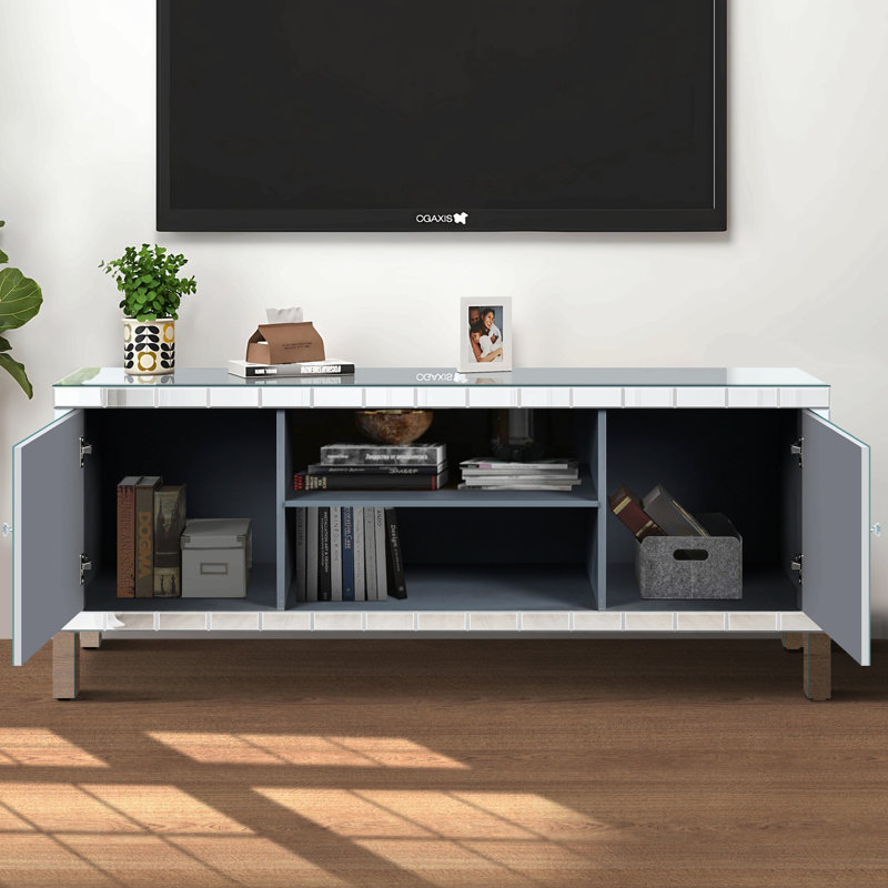 Meuble télé en miroir pour téléviseur de 65 pouces et plus, console de télévision argentée avec rangement ouvert et 2 armoires de rangement, portes de miroir étincelantes en forme de diamant pour le salon