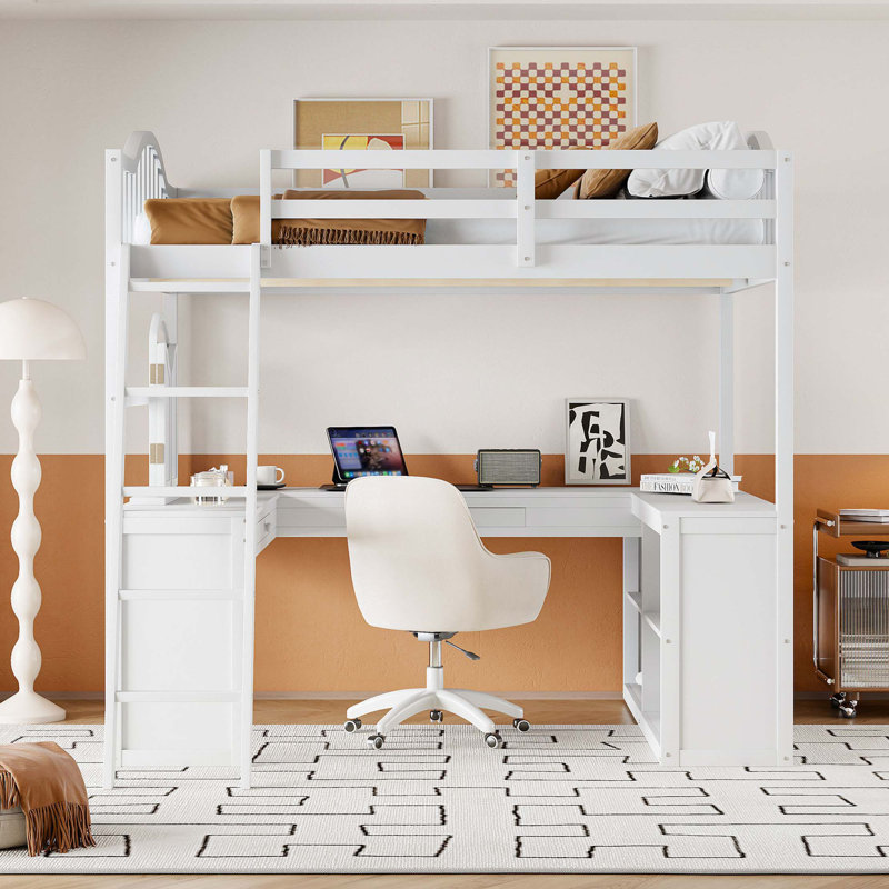 Lit mezzanine double en bois avec bureau en U