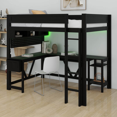 Lit mezzanine en bois pleine grandeur avec bureau et tablettes de rangement, DEL et station de charge, pour enfants, adolescents, adultes