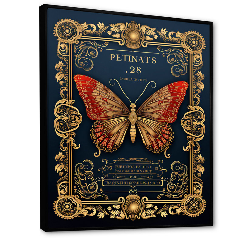 Illustration rétro d'un papillon rouge, H 32 po x l 24 po x P 1 po, Cadre flottant noir