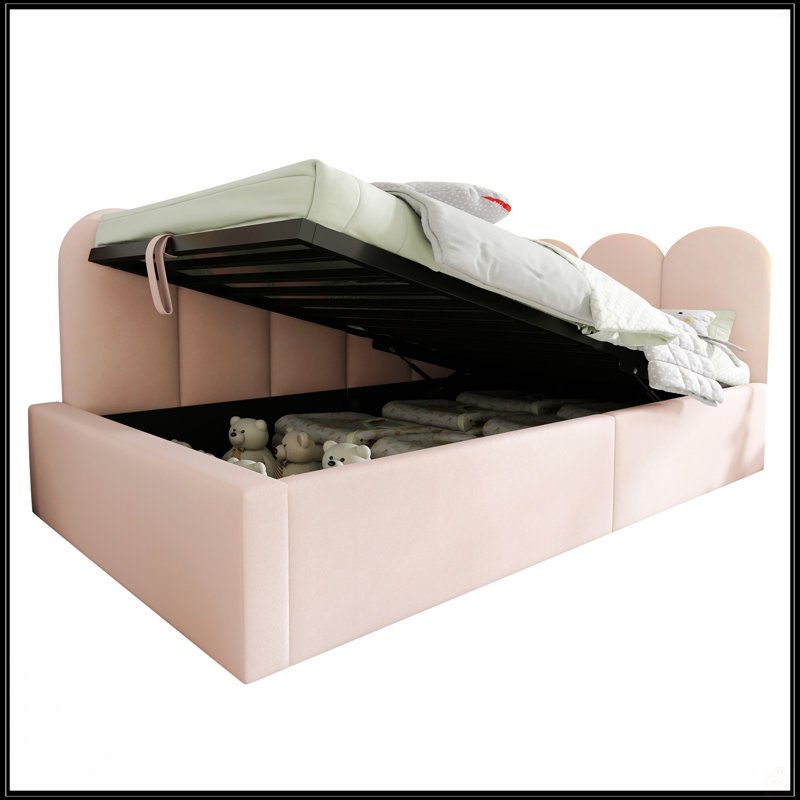 Upholstered Daybed With Hydraulic Storage, Twin Size, Velvet Fabric, And Metal Slatted Frame For Small Spaces, Pink