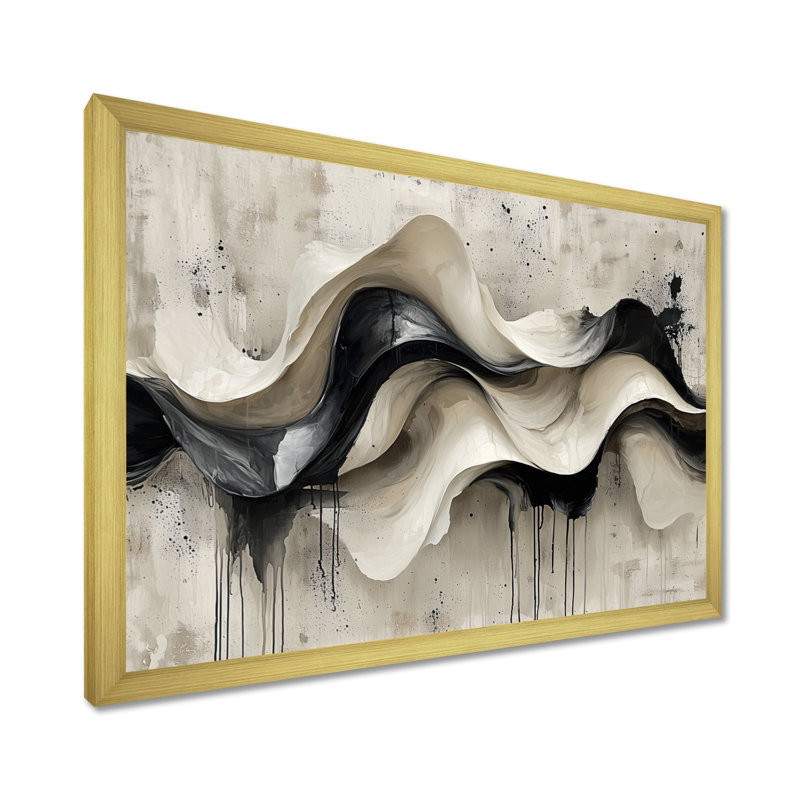 Art mural mural "Vagues modernes abstraites", Cadre simple, H 16 po x l 32 po, Doré