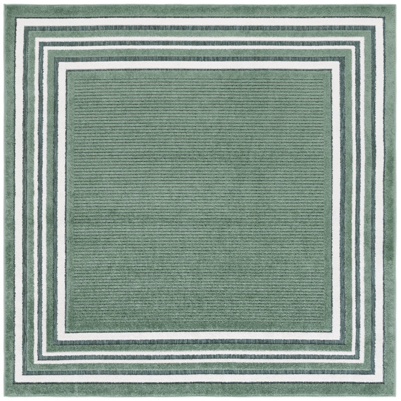 Brysin Striped Machine Woven Power Loom Polypropylene Area Rug in Ivory/Green, Square 6'7"