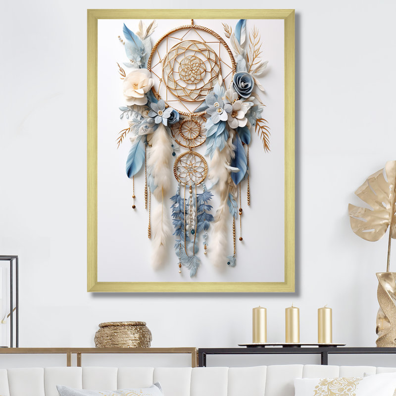 Attrape-rêves blanc et bleu Tranquility sur toile, H 32 po x l 24 po x P 1 po, Cadre doré simple
