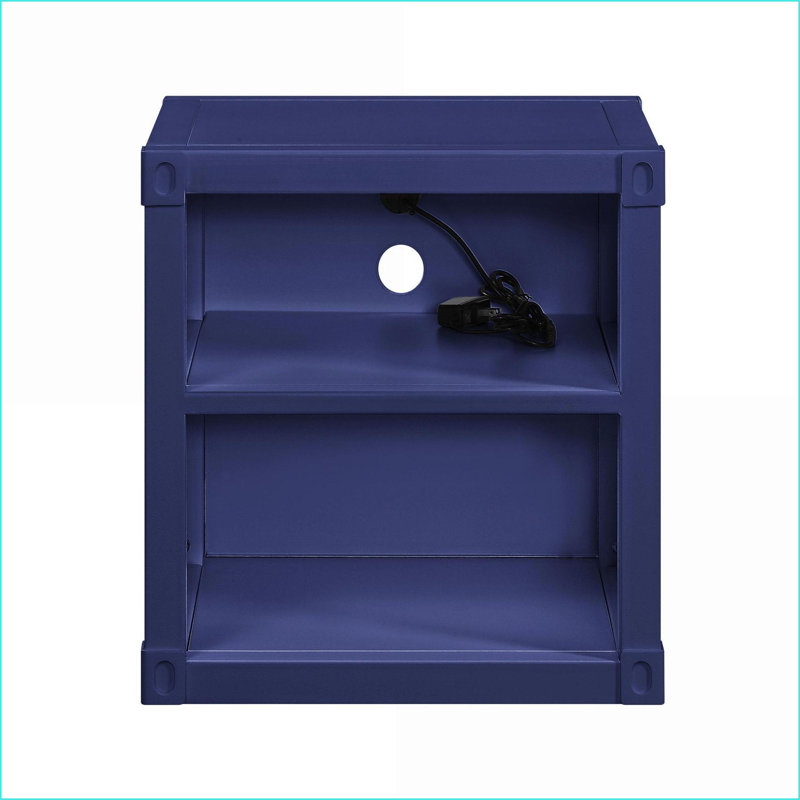 Table de chevet contemporaine bleue en métal avec 2 tablettes ouvertes, Argent argent