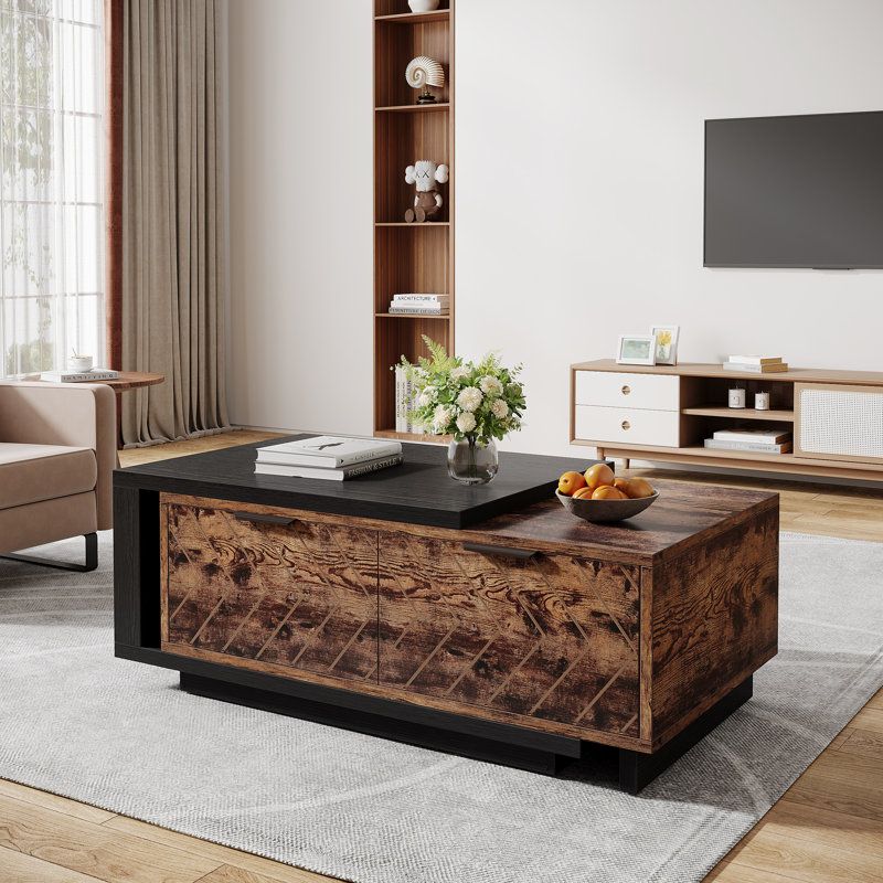 Extendable Coffee Table With 2 Storage Drawers, Dual-Tone Center Table With Sliding Tabletop, Black & Rustic Brown