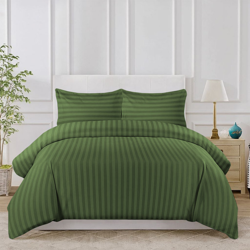 Luxurious 3-Piece Ultra Soft Stripe Duvet Cover Set with Pillowcases, Olive Green