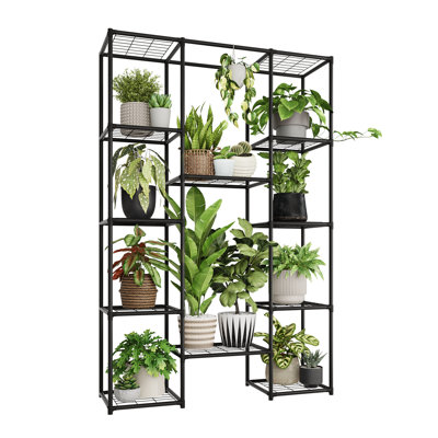Black Metal Plant Stand with Grow Lights, Large Multi-Tier Plant Shelf for Indoor & Outdoor Use