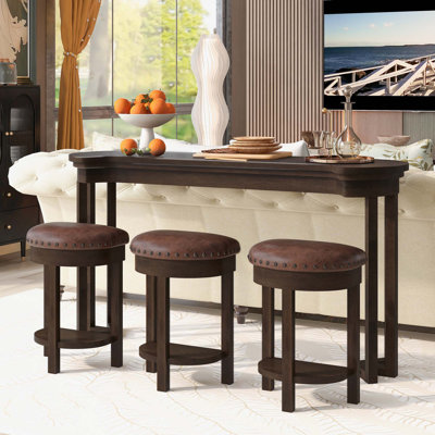 4 Piece Bar Table Set with3 Pu Upholstered Bar Stools, Breakfast Table with 3 Padded Stools Solid Wood Counter Height Dining Table Set For Living Room, Dining Room