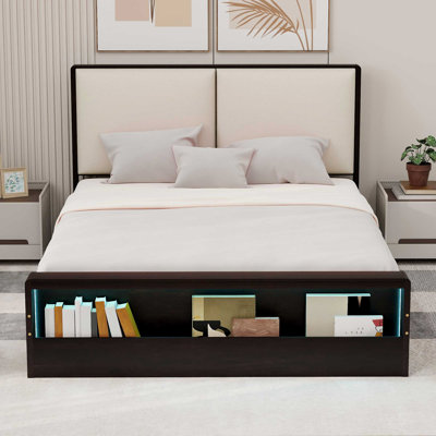 King Size Platform Bed Frame With Upholstery Headboard And  Bookshelf In Footboard And LED Light Strips -  Red Barrel StudioÂ®, 11F250D9BEF944FDBB31DA554E3EA78F