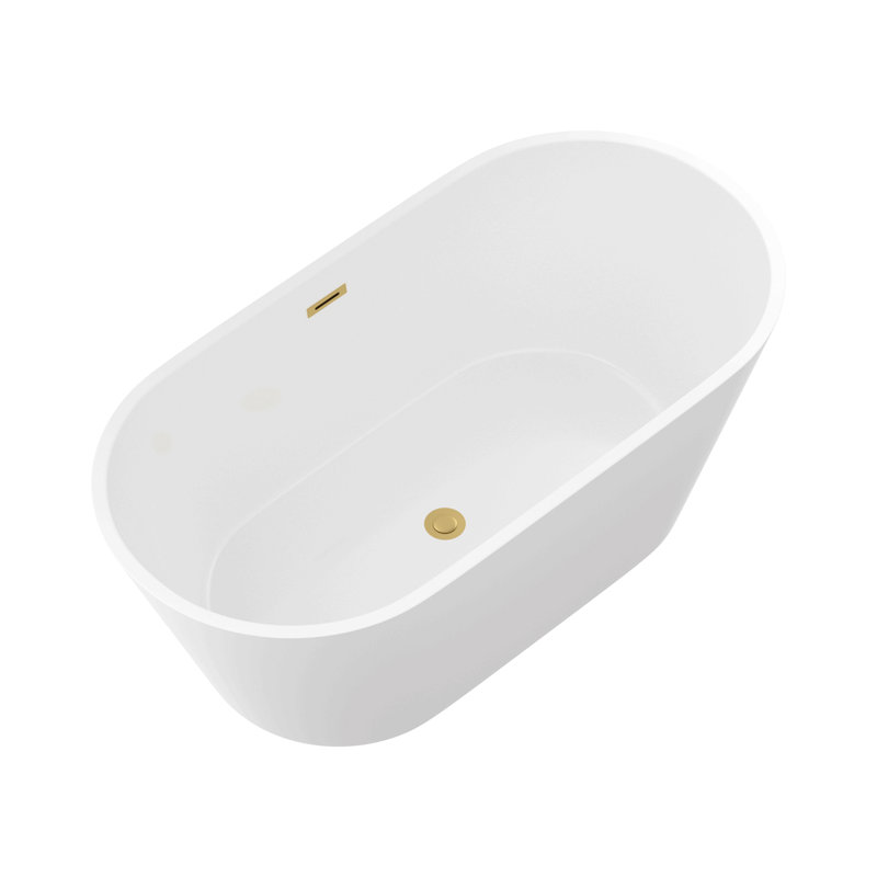 59" Acrylic Freestanding Bathtub, Stand Alone Soaking Tub, Gloss White Finish, Gold Overflow & Pop-Up Drain