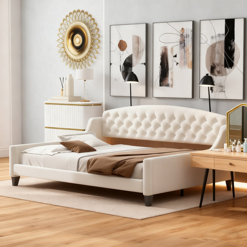 Lit de jour beige capitonné de luxe moderne à boutons capitonnés - Canapé-lit multifonctionnel avec structure en bois robuste