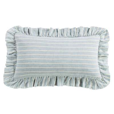 Coussin lombaire décontracté à rayures horizontales en lin flammé bleu ivoire Reyes, style bord de mer chic et chic, 35,5 x 66 cm