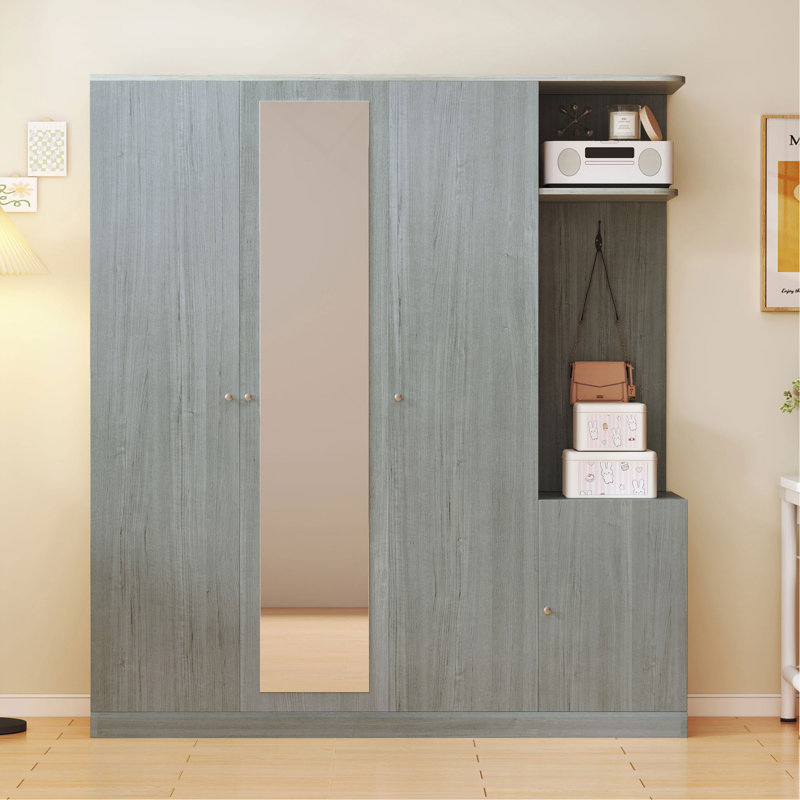 Armoire 4 portes avec tablettes, tiroirs et miroir pleine grandeur , Gris