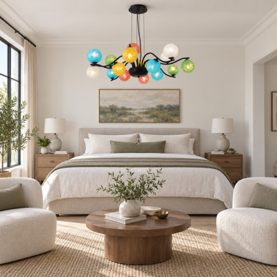 16-Light Black Sputnik Chandelier, Colorful Glass Globe Ceiling Light with Adjustable Cords and G9 Warm Bulbs Included