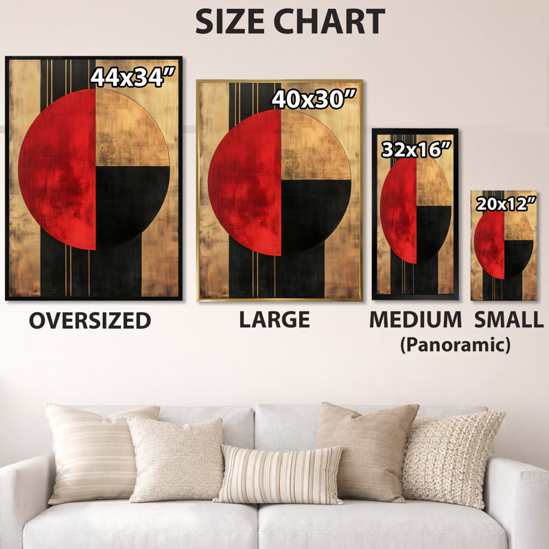 Cercle rouge dans la troisième révolution - Tableau géométrique encadré du Bauhaus, H 40 po x l 30 po, Black Picture Framed
