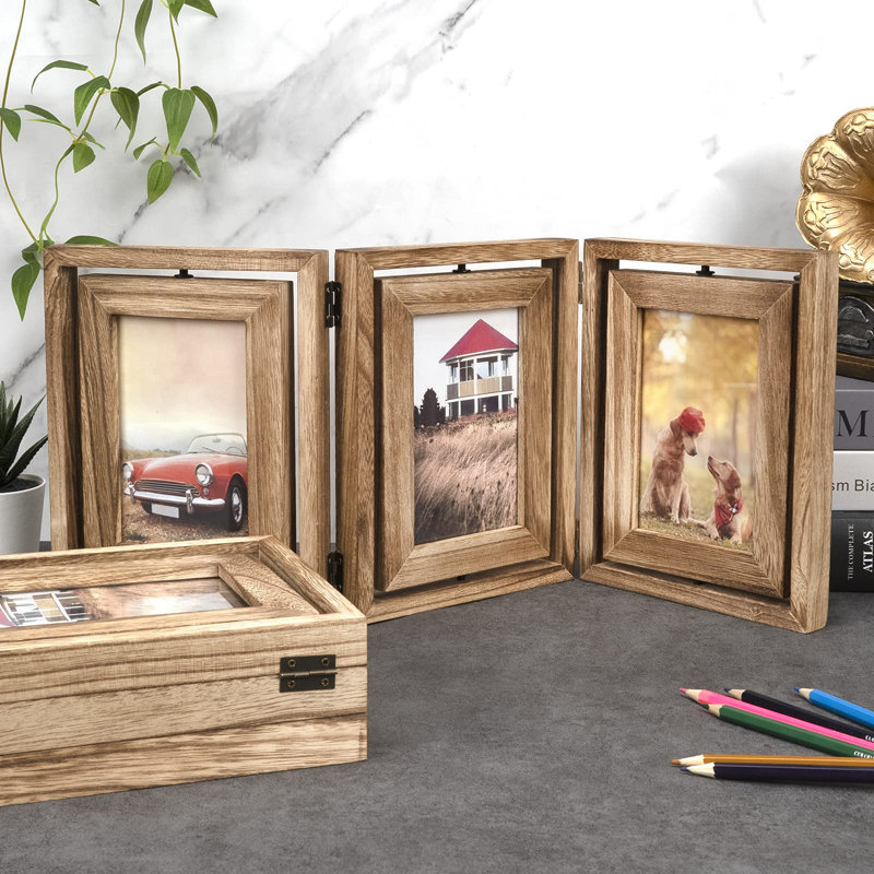 4X6 Picture Frame Rustic Wood Hinged Folding Triple Picture Frames Collage, Double-Sided Display Rotatable High Definition Glass Photo Frame For Home Tabletop(Carbonized Black)