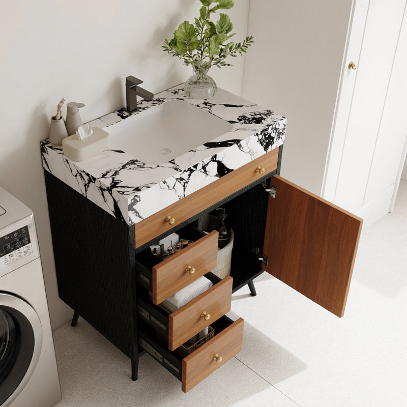 Meuble-lavabo de salle de bain moderne Mid-Century avec lavabo en céramique, plateau en pierre frittée et rangement à fermeture en douceur